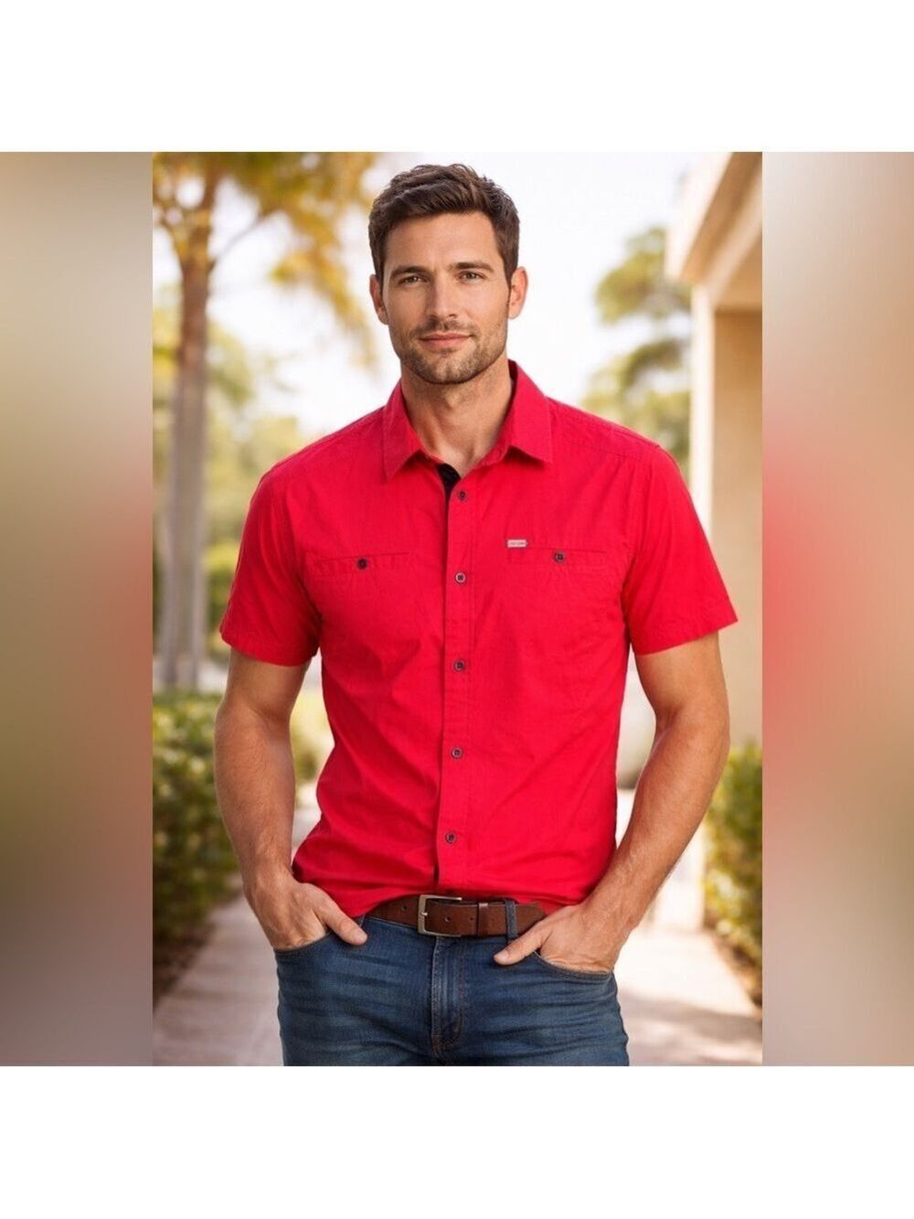 Men's coral  Casual Button Down Shirt